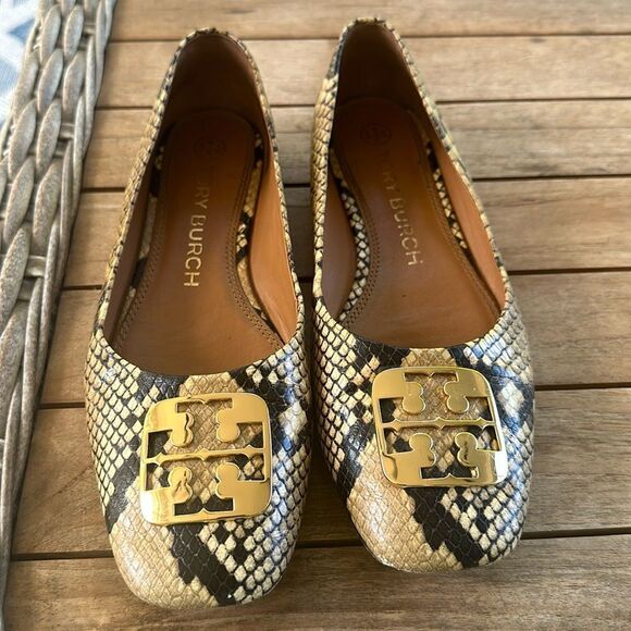 TORY BURCH Georgia Logo Snake Printed Ballet Flat Pale Desert Roccia 8 - Picture 1 of 7